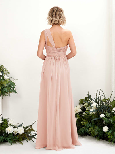 Carlyna Flaze A-Line Pearl Pink Bridesmaid Dress Maxi Sleeveless One Shoulder Dress Back View #color_pearl-pink