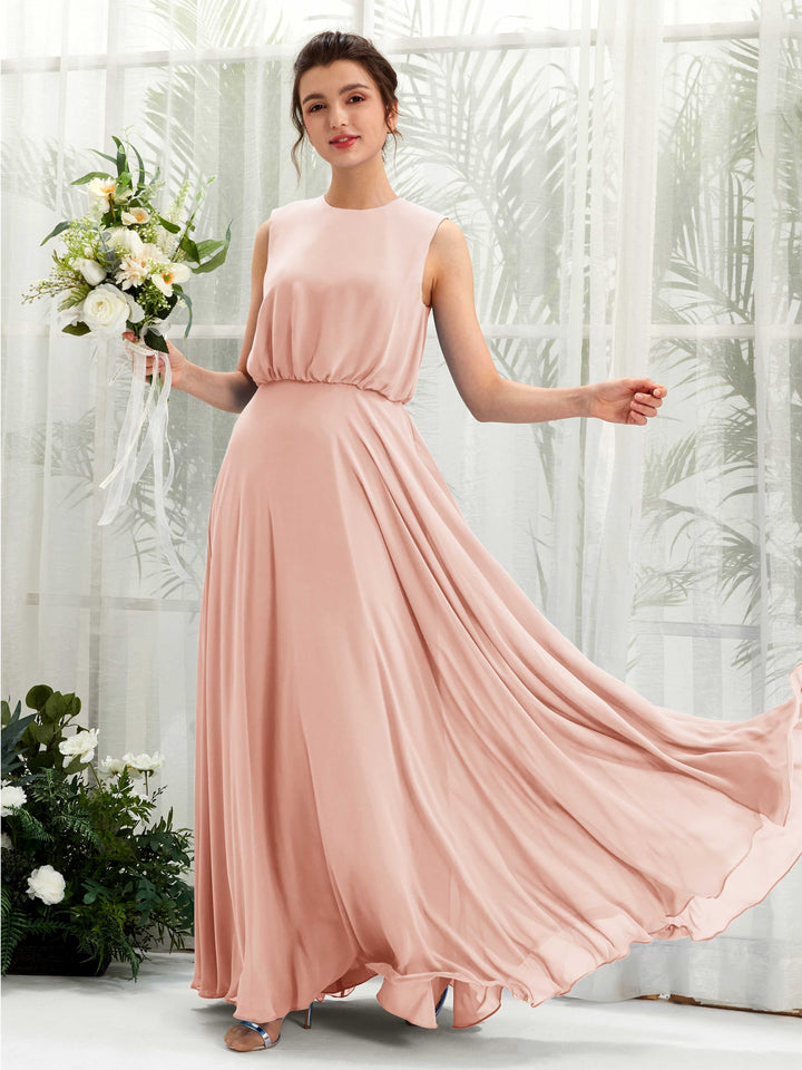 Pearl Pink Bridesmaid Dresses Bridesmaid Dress A-line Chiffon Round Full Length Sleeveless Wedding Party Dress (81222808)