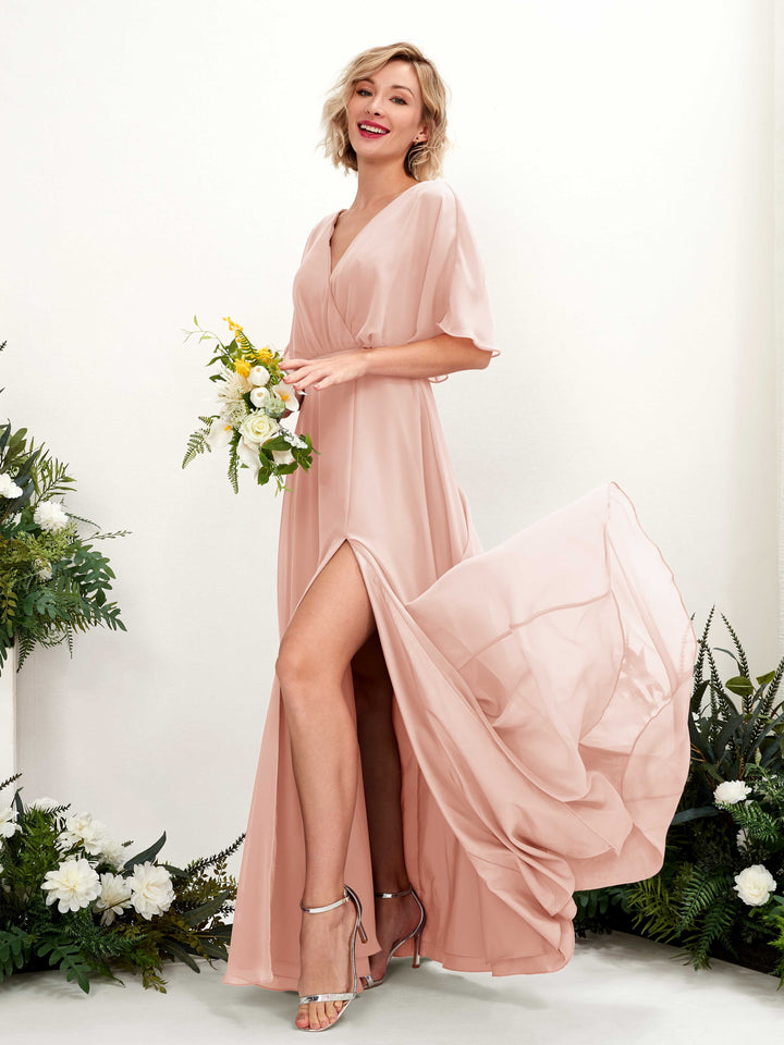 Pearl Pink Bridesmaid Dresses Bridesmaid Dress A-line Chiffon V-neck Full Length Short Sleeves Wedding Party Dress (81225108)