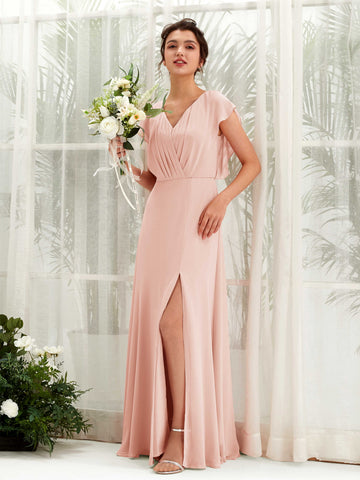 Pearl Pink Bridesmaid Dresses Bridesmaid Dress A-line Chiffon V-neck Full Length Short Sleeves Wedding Party Dress (81225608)#color_pearl-pink