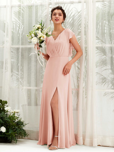 Carlyna Annie A-Line Pearl Pink Bridesmaid Dress Maxi Cap Sleeve V-Neck Dress Front View #color_pearl-pink