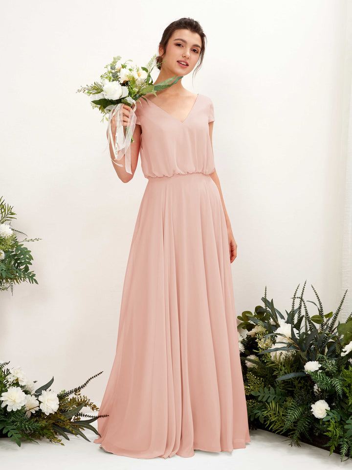 Pearl Pink Bridesmaid Dresses Bridesmaid Dress A-line Chiffon V-neck Full Length Short Sleeves Wedding Party Dress (81221808)