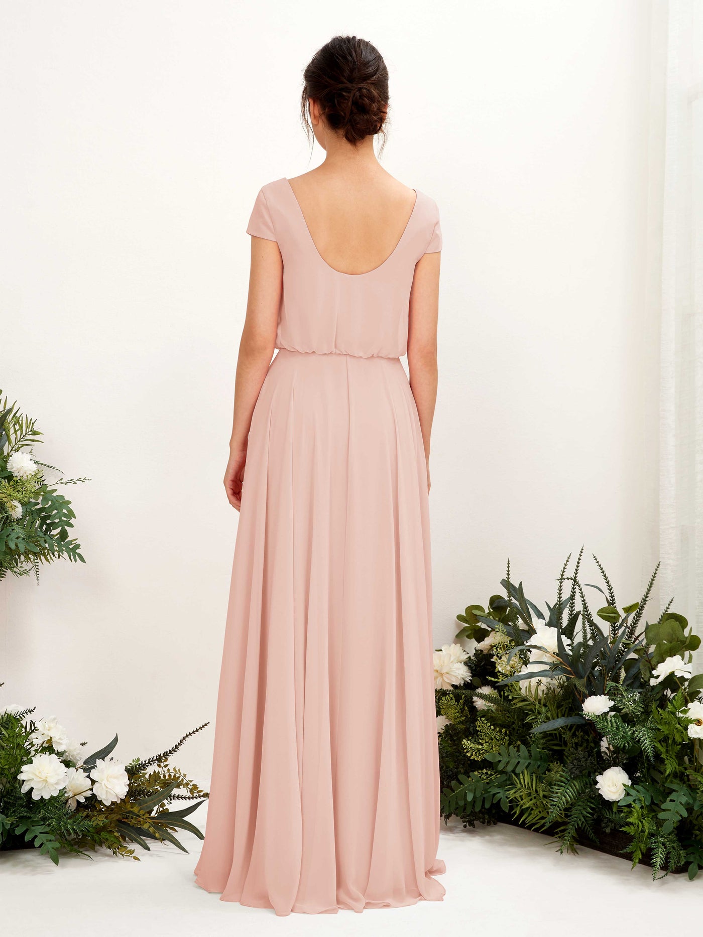 Pearl Pink Bridesmaid Dresses Bridesmaid Dress A-line Chiffon V-neck Full Length Short Sleeves Wedding Party Dress (81221808)#color_pearl-pink