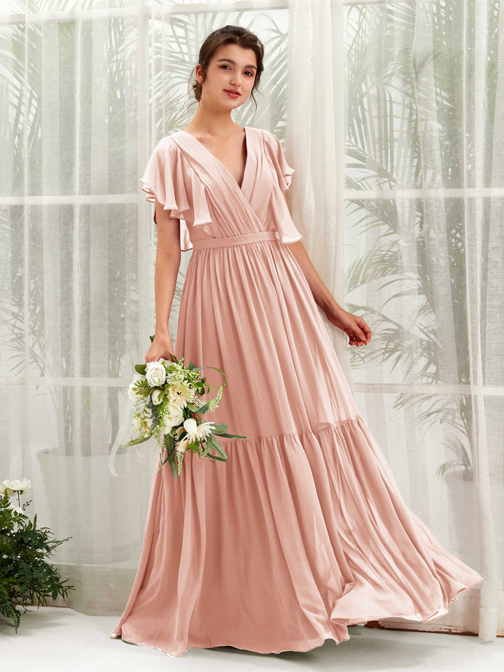 Pearl Pink Bridesmaid Dresses Bridesmaid Dress A-line Chiffon V-neck Full Length Short Sleeves Wedding Party Dress (81225908)