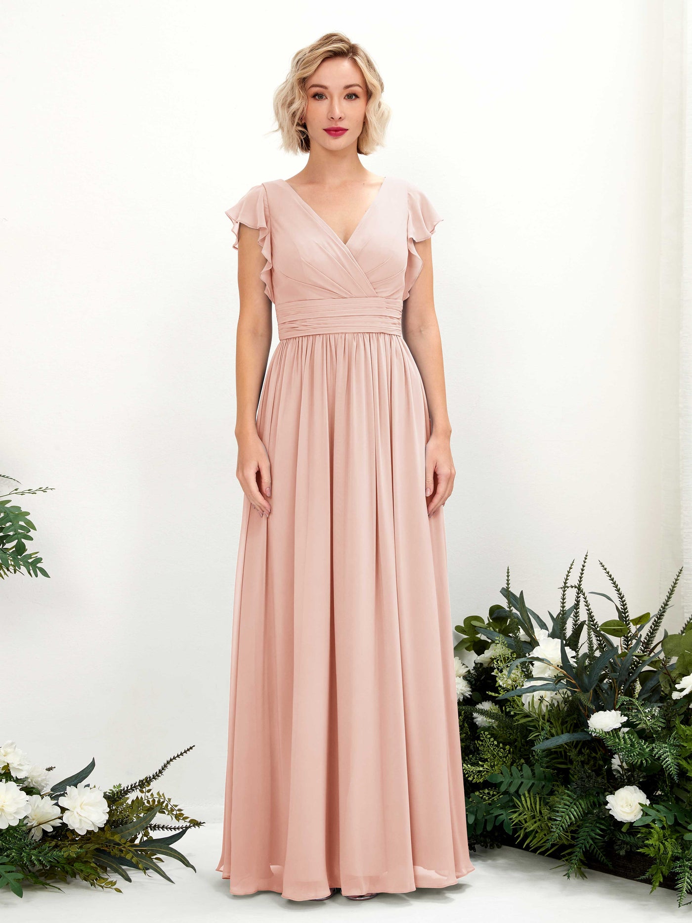 Pearl Pink Bridesmaid Dresses Bridesmaid Dress A-line Chiffon V-neck Full Length Short Sleeves Wedding Party Dress (81222708)#color_pearl-pink