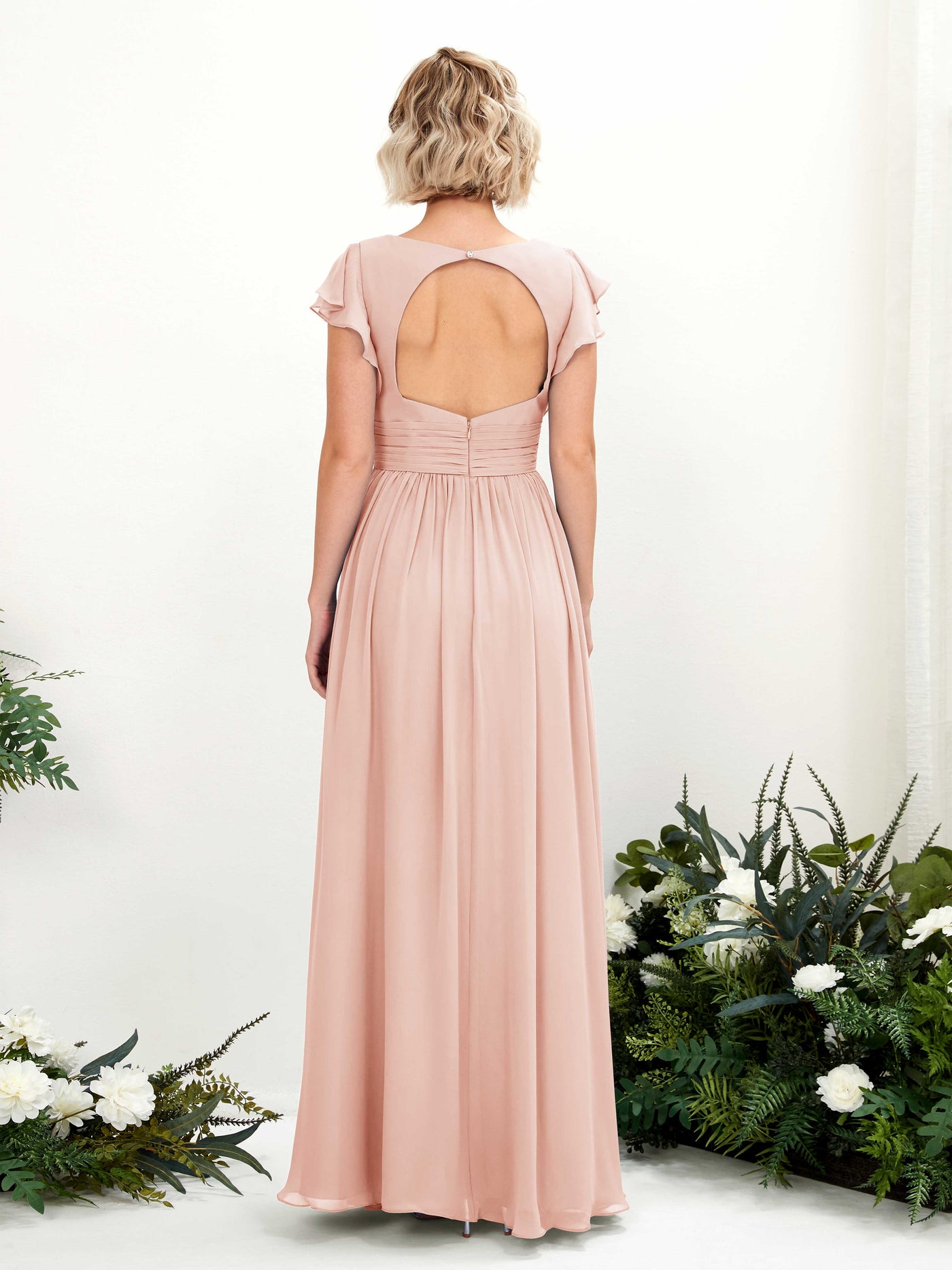 Pearl Pink Bridesmaid Dresses Bridesmaid Dress A-line Chiffon V-neck Full Length Short Sleeves Wedding Party Dress (81222708)#color_pearl-pink