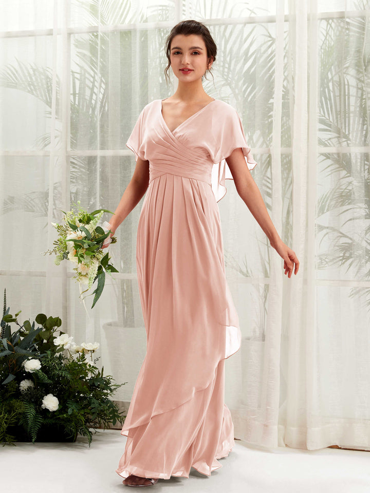 Open back V-neck Short Sleeves Chiffon Bridesmaid Dress - Pearl Pink (81226108)