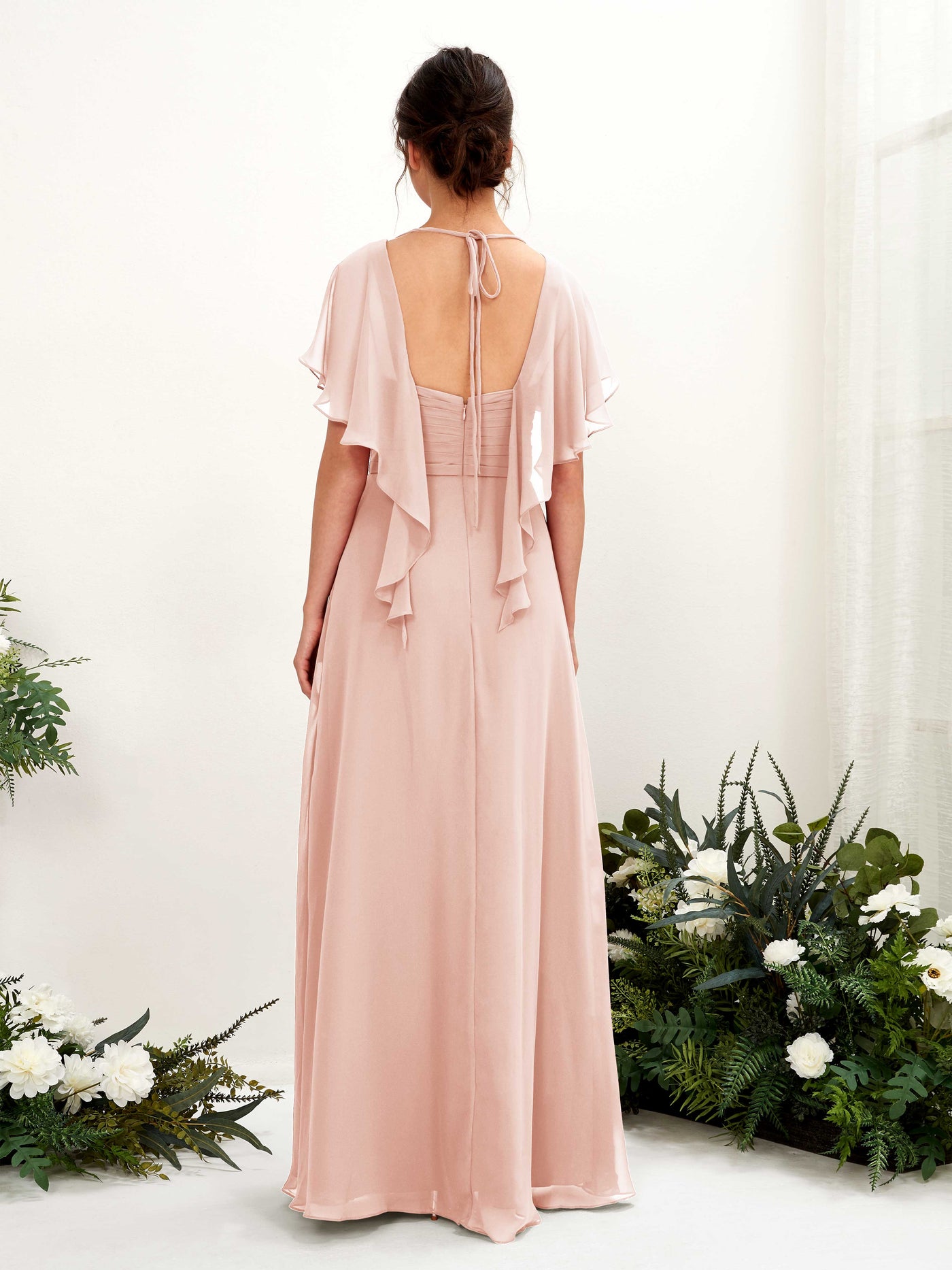 Open back V-neck Short Sleeves Chiffon Bridesmaid Dress - Pearl Pink (81226108)#color_pearl-pink