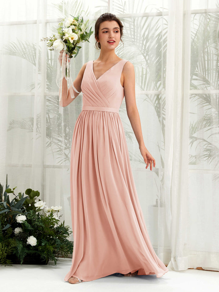 Pearl Pink Bridesmaid Dresses Bridesmaid Dress A-line Chiffon V-neck Full Length Sleeveless Wedding Party Dress (81223608)
