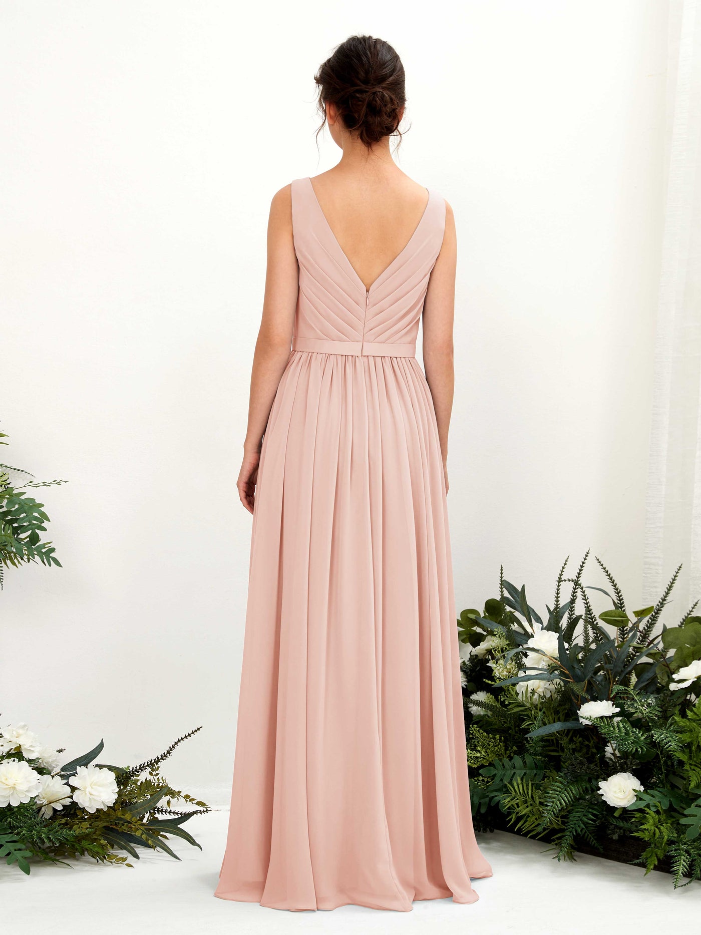 Pearl Pink Bridesmaid Dresses Bridesmaid Dress A-line Chiffon V-neck Full Length Sleeveless Wedding Party Dress (81223608)#color_pearl-pink