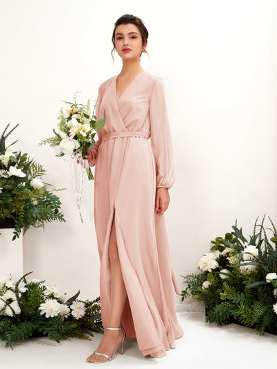 Carlyna Elsie A-Line Pearl Pink Bridesmaid Dress Maxi Long Sleeve V-Neck Front View #color_pearl-pink