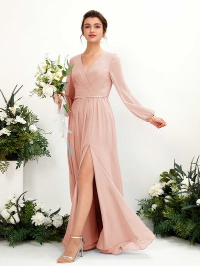 Pearl Pink Bridesmaid Dresses Bridesmaid Dress A-line Chiffon V-neck Full Length Long Sleeves Wedding Party Dress (81223808)#color_pearl-pink