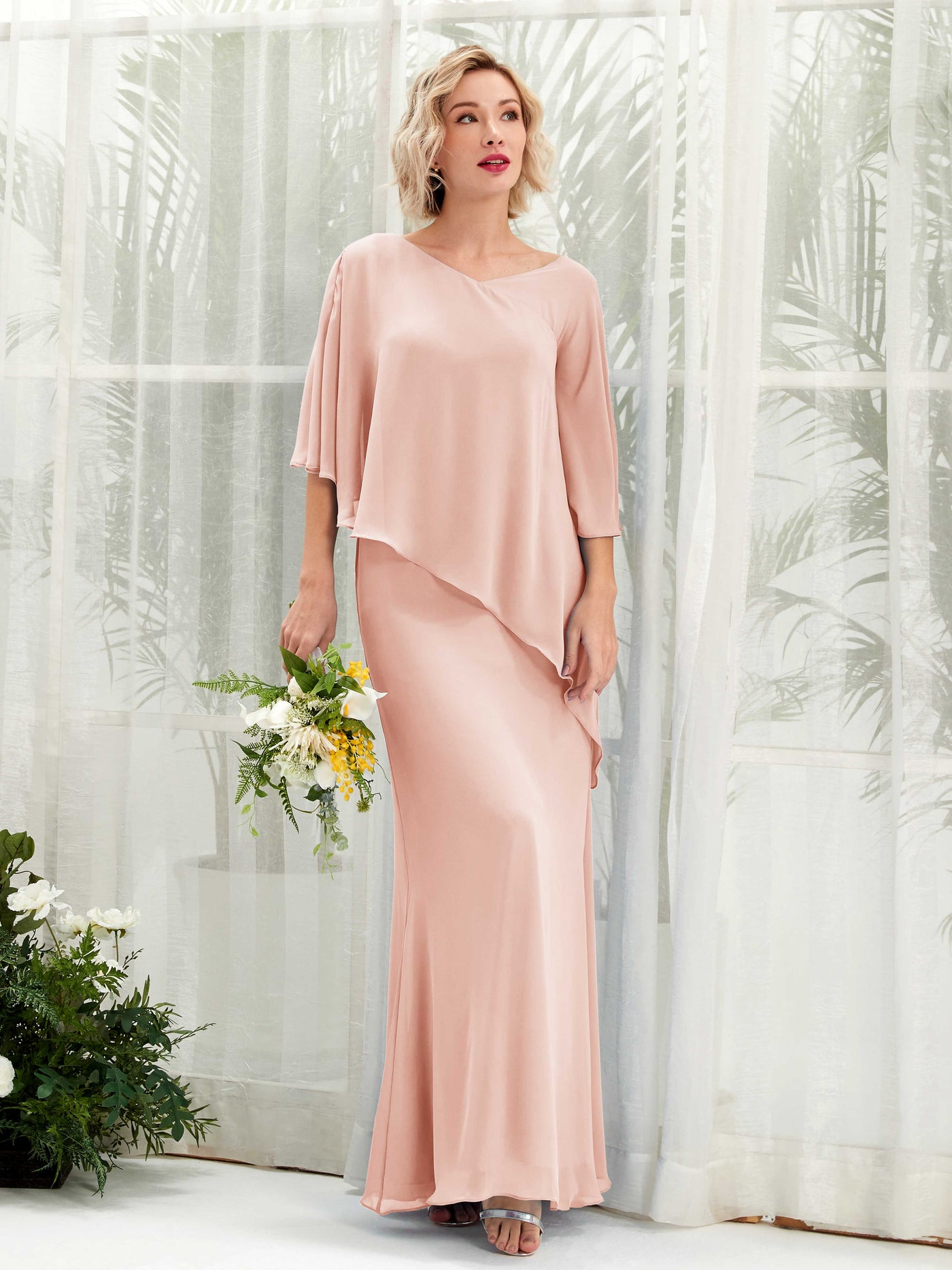 Pearl Pink Bridesmaid Dresses Bridesmaid Dress Bohemian Chiffon V-neck Full Length 3/4 Sleeves Wedding Party Dress (81222508)#color_pearl-pink