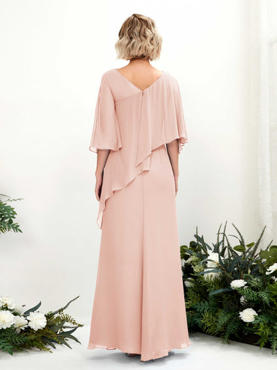 Carlyna Violaine A-Line Pearl Pink Bridesmaid Dress Maxi Three Quarter Sleeve V-Neck Dress Back View #color_pearl-pink