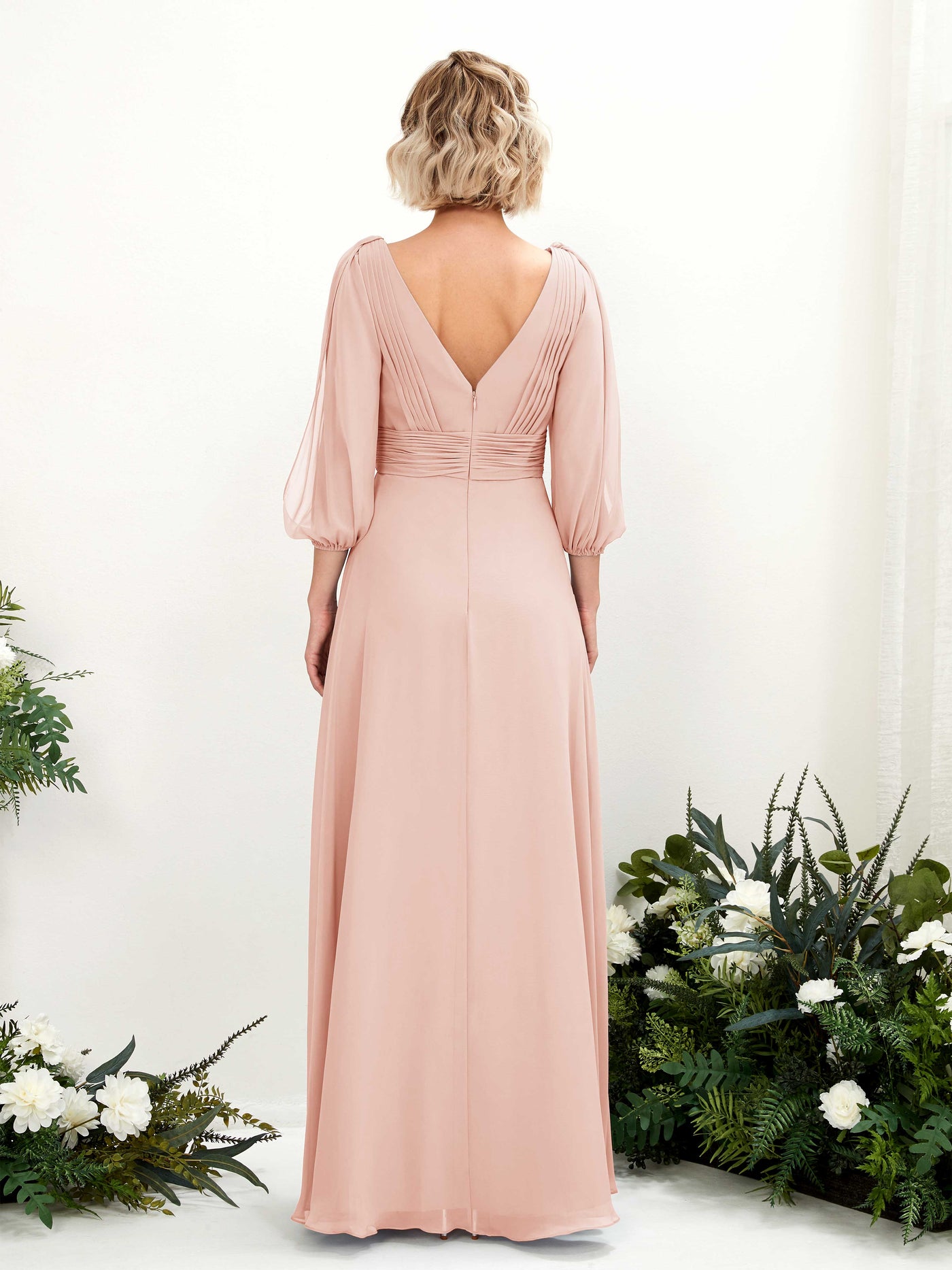 Pearl Pink Bridesmaid Dresses Bridesmaid Dress Chiffon V-neck Full Length Long Sleeves Wedding Party Dress (81223508)#color_pearl-pink