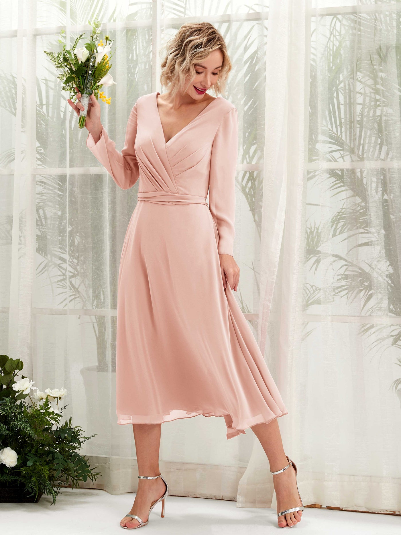 Peach Pink Chiffon V-Neck Bridesmaid Dress A-Line Midi | Carlyna Peach Pink Chiffon V-Neck Bridesmaid Dress A-Line Midi | Carlyna