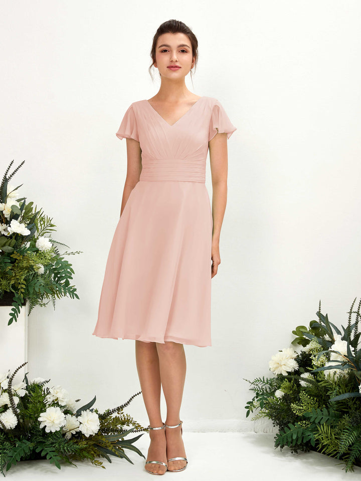 Pearl Pink Bridesmaid Dresses Bridesmaid Dress Chiffon V-neck Knee Length Short Sleeves Wedding Party Dress (81220208)