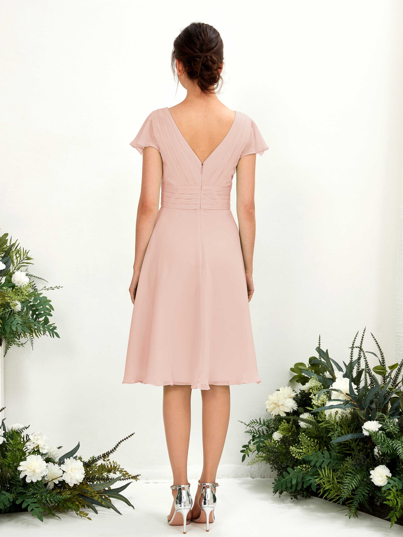 Pearl Pink Bridesmaid Dresses Bridesmaid Dress Chiffon V-neck Knee Length Short Sleeves Wedding Party Dress (81220208)#color_pearl-pink