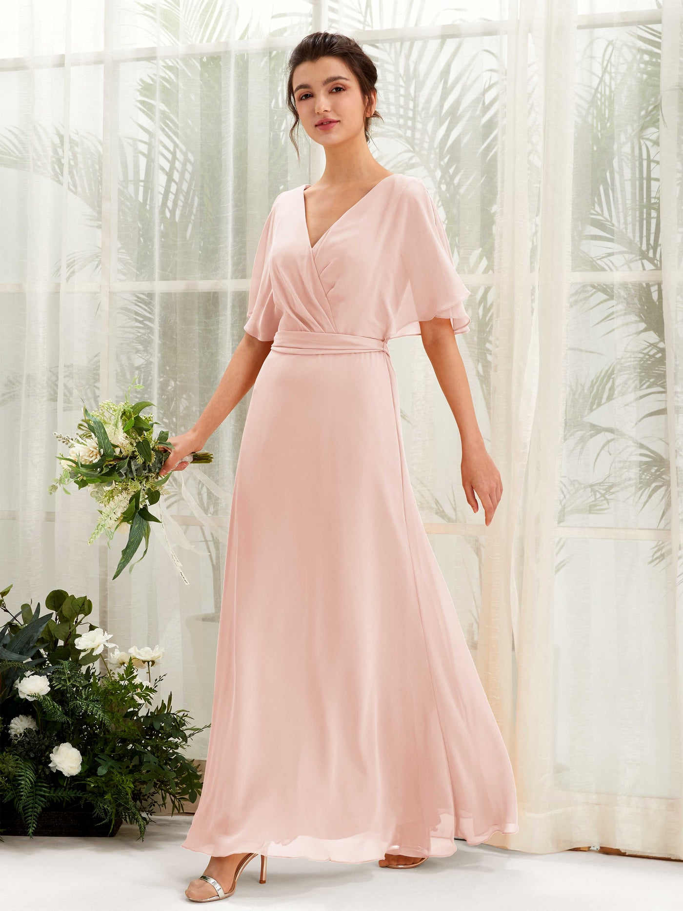 Pearl Pink Bridesmaid Dresses Bridesmaid Dress A-line Chiffon V-neck Full Length Short Sleeves Wedding Party Dress (81222408)#color_pearl-pink