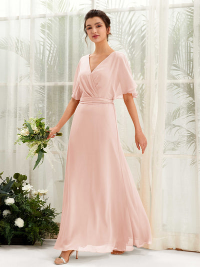 Carlyna Merta A-Line Pearl Pink Bridesmaid Dress Maxi Short Sleeve V-Neck Dress Front View #color_pearl-pink