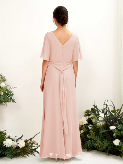 Carlyna Merta A-Line Pearl Pink Bridesmaid Dress Maxi Short Sleeve V-Neck Dress Back View #color_pearl-pink