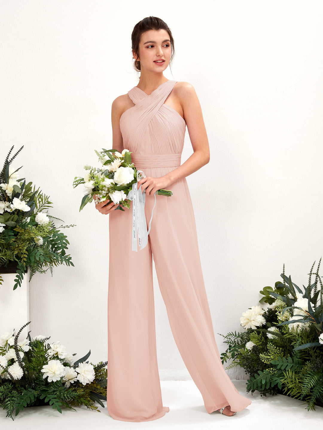 pearl pink bridesmaid dresses Jewel Neck Pearl Pink Satin Bridesmaid Dress with Middle Slit BD2172