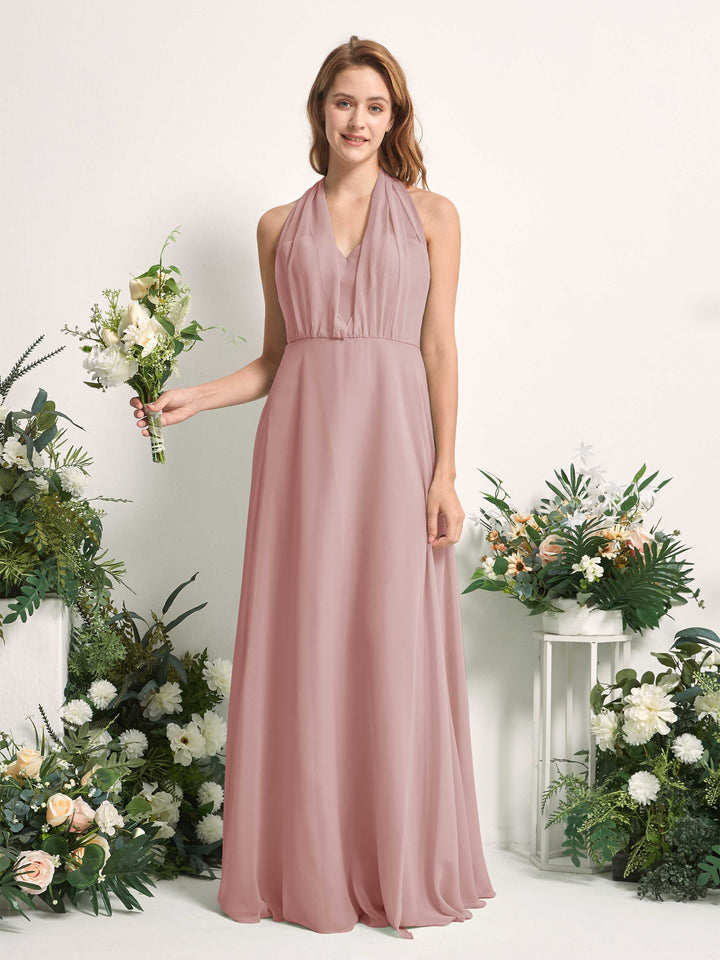 Dusty Rose Bridesmaid Dresses Bridesmaid Dress A-line Chiffon Halter Full Length Short Sleeves Wedding Party Dress (81226309)