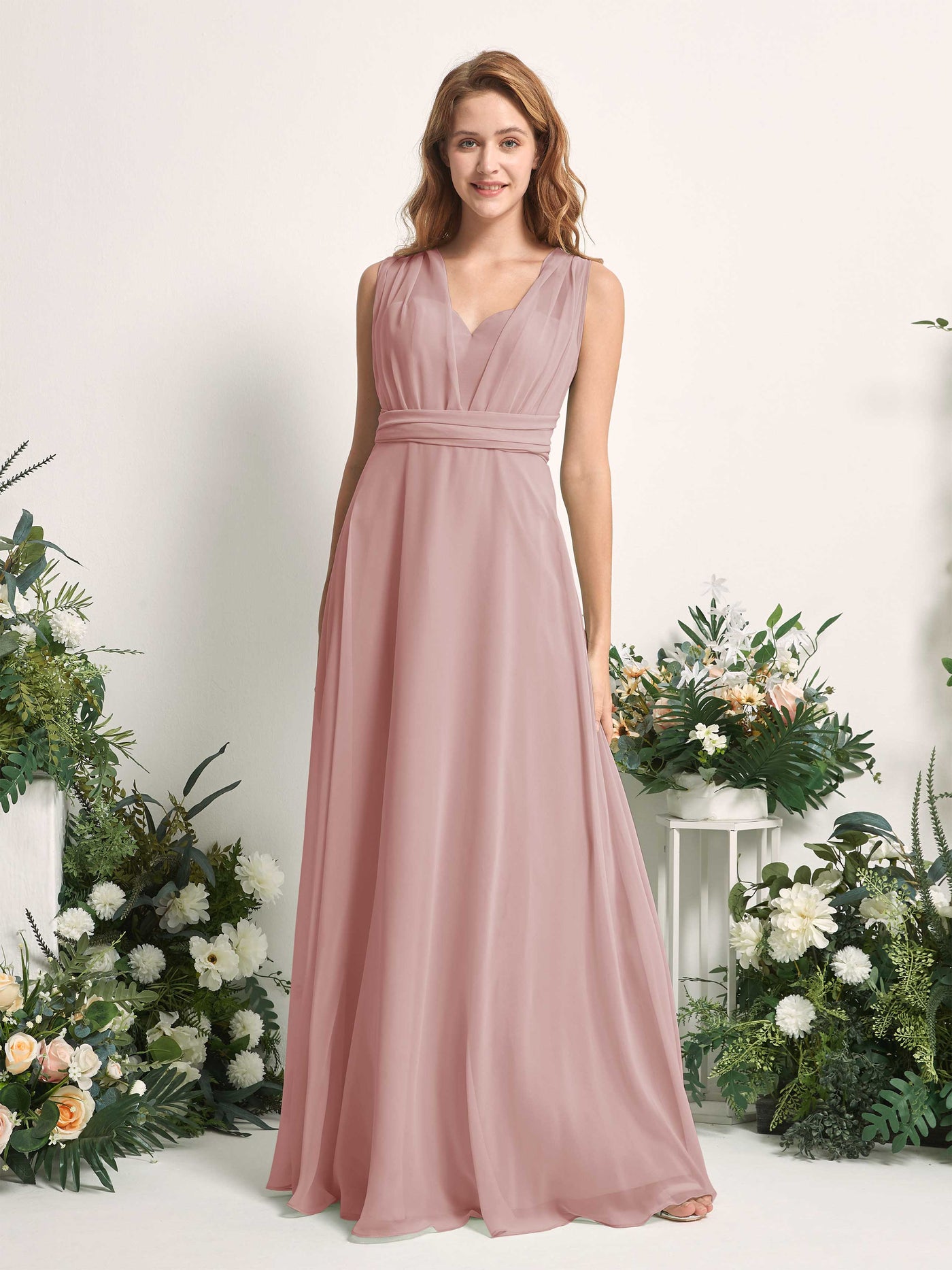 Dusty Rose Bridesmaid Dresses Bridesmaid Dress A-line Chiffon Halter Full Length Short Sleeves Wedding Party Dress (81226309)#color_dusty-rose