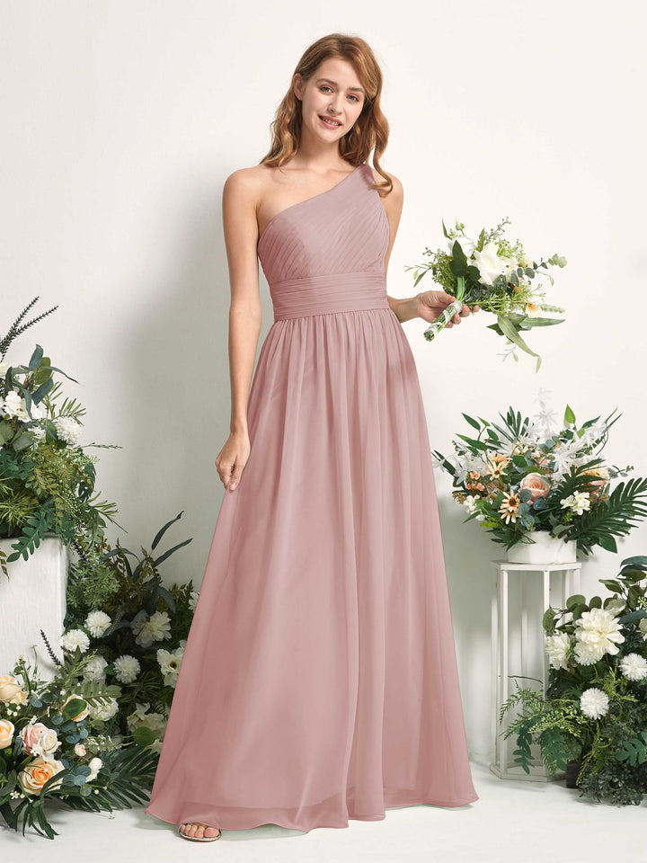 Bridesmaid Dress A-line Chiffon One Shoulder Full Length Sleeveless Wedding Party Dress - Dusty Rose (81226709)