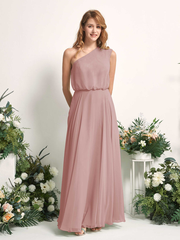 Bridesmaid Dress A-line Chiffon One Shoulder Full Length Sleeveless Wedding Party Dress - Dusty Rose (81226809)