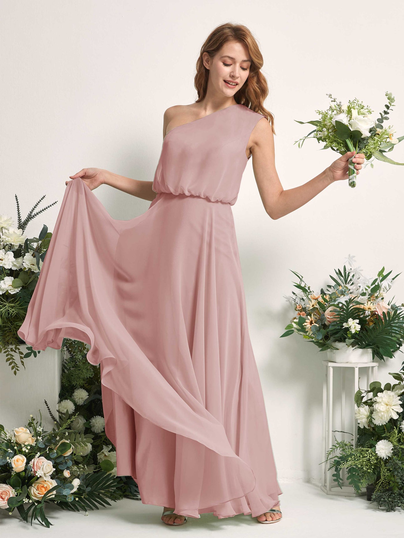 Bridesmaid Dress A-line Chiffon One Shoulder Full Length Sleeveless Wedding Party Dress - Dusty Rose (81226809)#color_dusty-rose