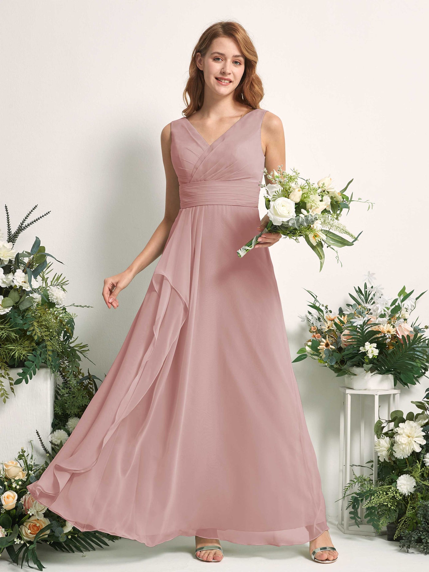 Bridesmaid Dress A-line Chiffon V-neck Full Length Sleeveless Wedding Party Dress - Dusty Rose (81227109)#color_dusty-rose