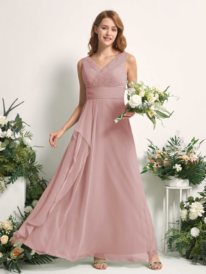 Bridesmaid Dress A-line Chiffon V-neck Full Length Sleeveless Wedding Party Dress - Dusty Rose (81227109)