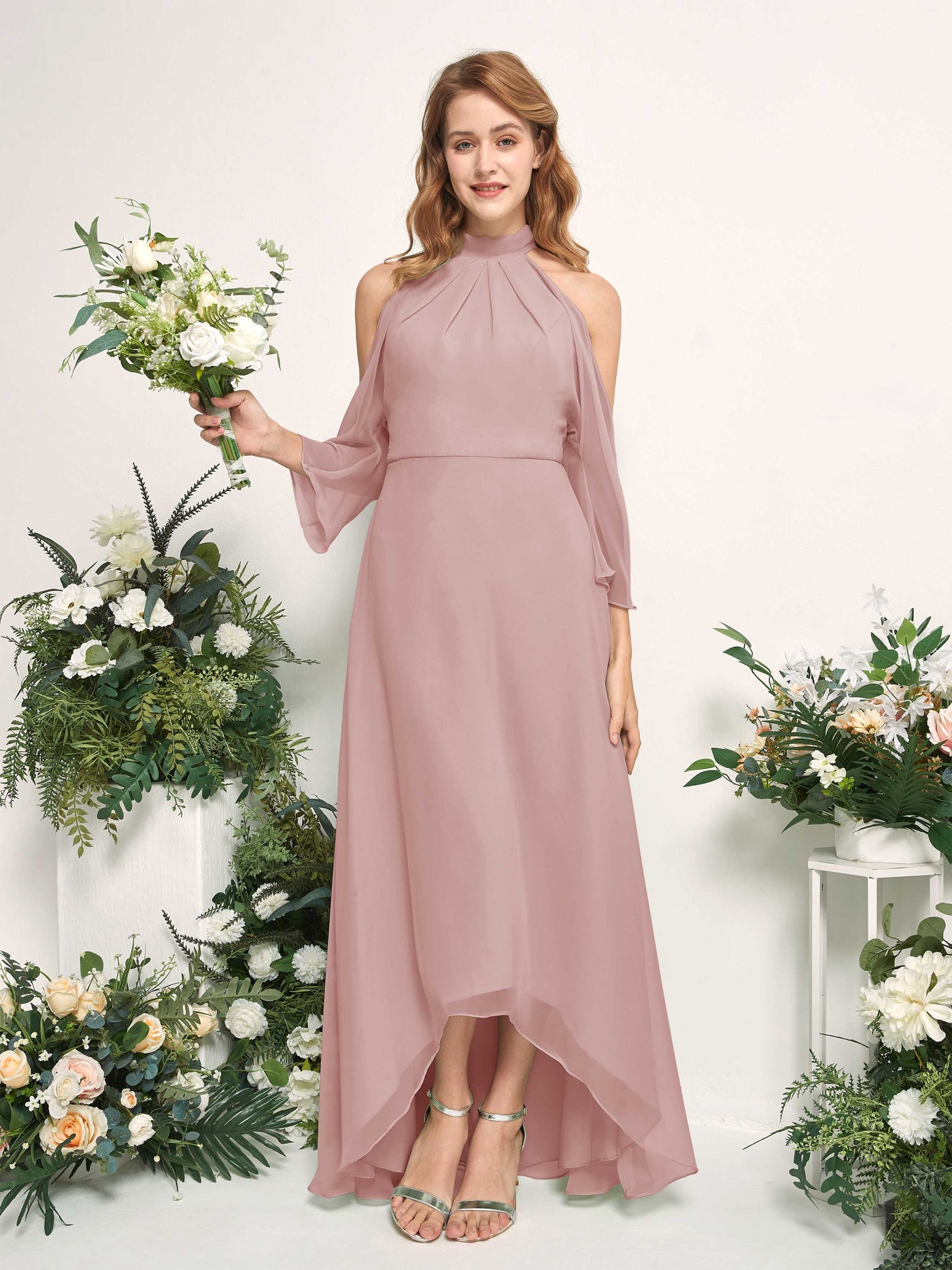 Bridesmaid Dress A-line Chiffon Halter High Low 3/4 Sleeves Wedding Party Dress - Dusty Rose (81227609)#color_dusty-rose
