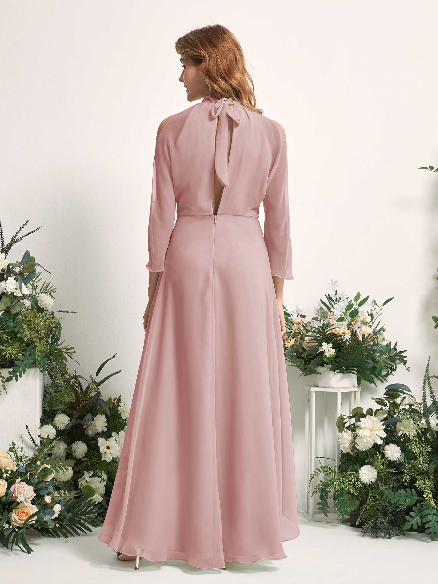 Bridesmaid Dress A-line Chiffon Halter High Low 3/4 Sleeves Wedding Party Dress - Dusty Rose (81227609)#color_dusty-rose