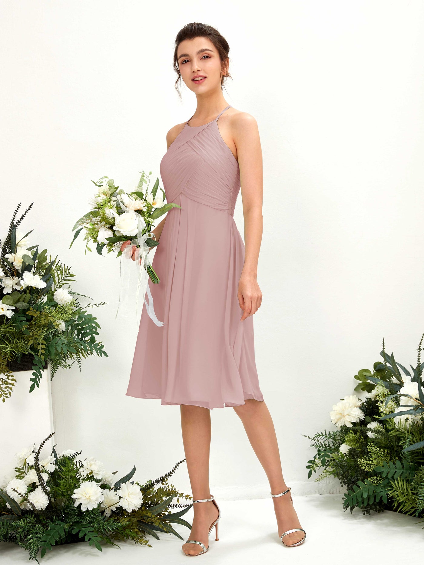 Dusty Rose Bridesmaid Dresses Bridesmaid Dress A-line Chiffon Halter Knee Length Sleeveless Wedding Party Dress (81220409)#color_dusty-rose