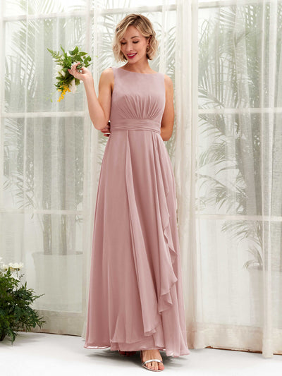 Carlyna Brianna A-Line Dusty Rose Bridesmaid Dress Maxi Sleeveless Boat Neck Dress Front View #color_dusty-rose