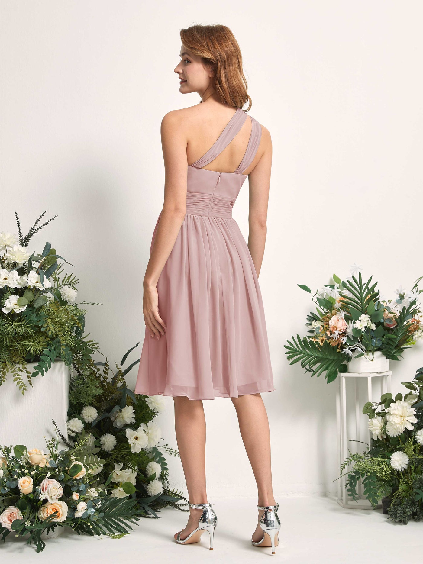 Bridesmaid Dress A-line Chiffon One Shoulder Knee Length Sleeveless Wedding Party Dress - Dusty Rose (81221209)#color_dusty-rose