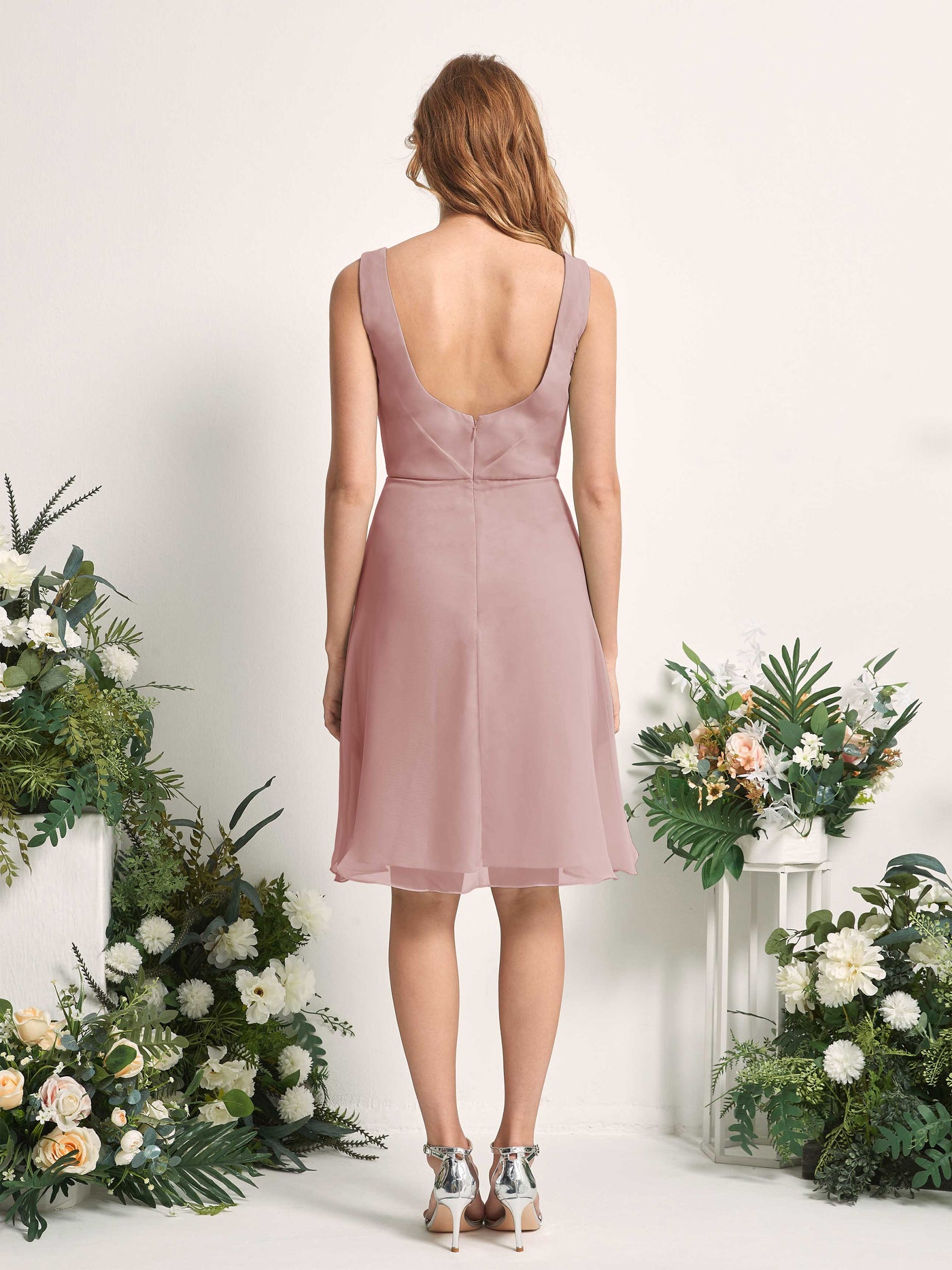 Bridesmaid Dress A-line Chiffon Straps Knee Length Sleeveless Wedding Party Dress - Dusty Rose (81226609)#color_dusty-rose