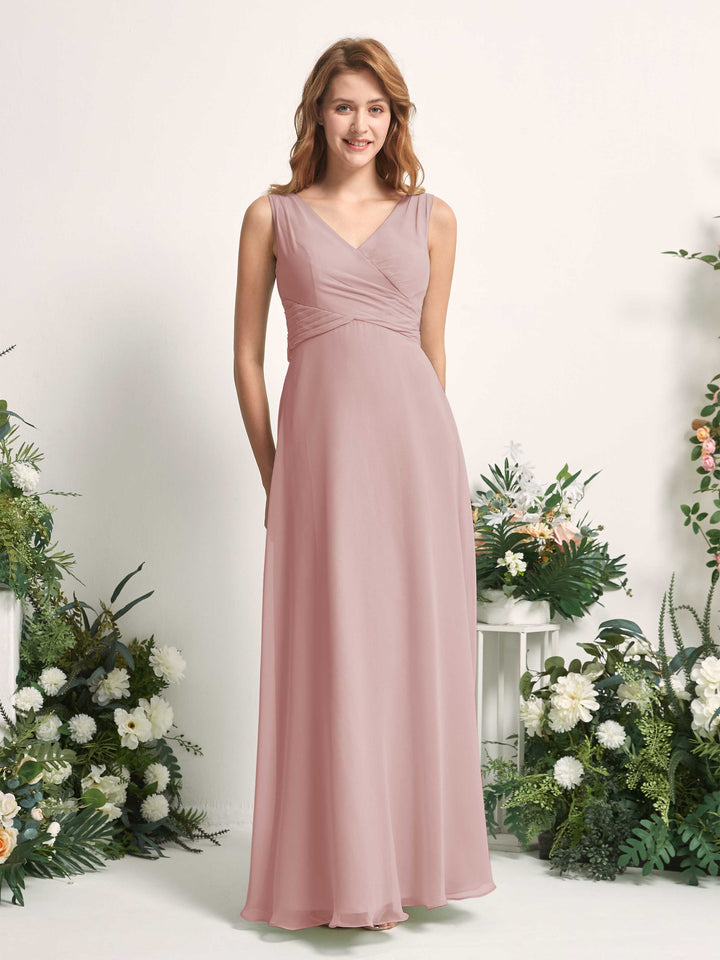 Bridesmaid Dress A-line Chiffon Straps Full Length Sleeveless Wedding Party Dress - Dusty Rose (81227309)