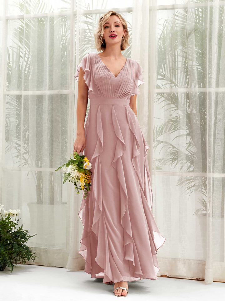 A-line Open back V-neck Short Sleeves Chiffon Bridesmaid Dress - Dusty Rose (81226009)