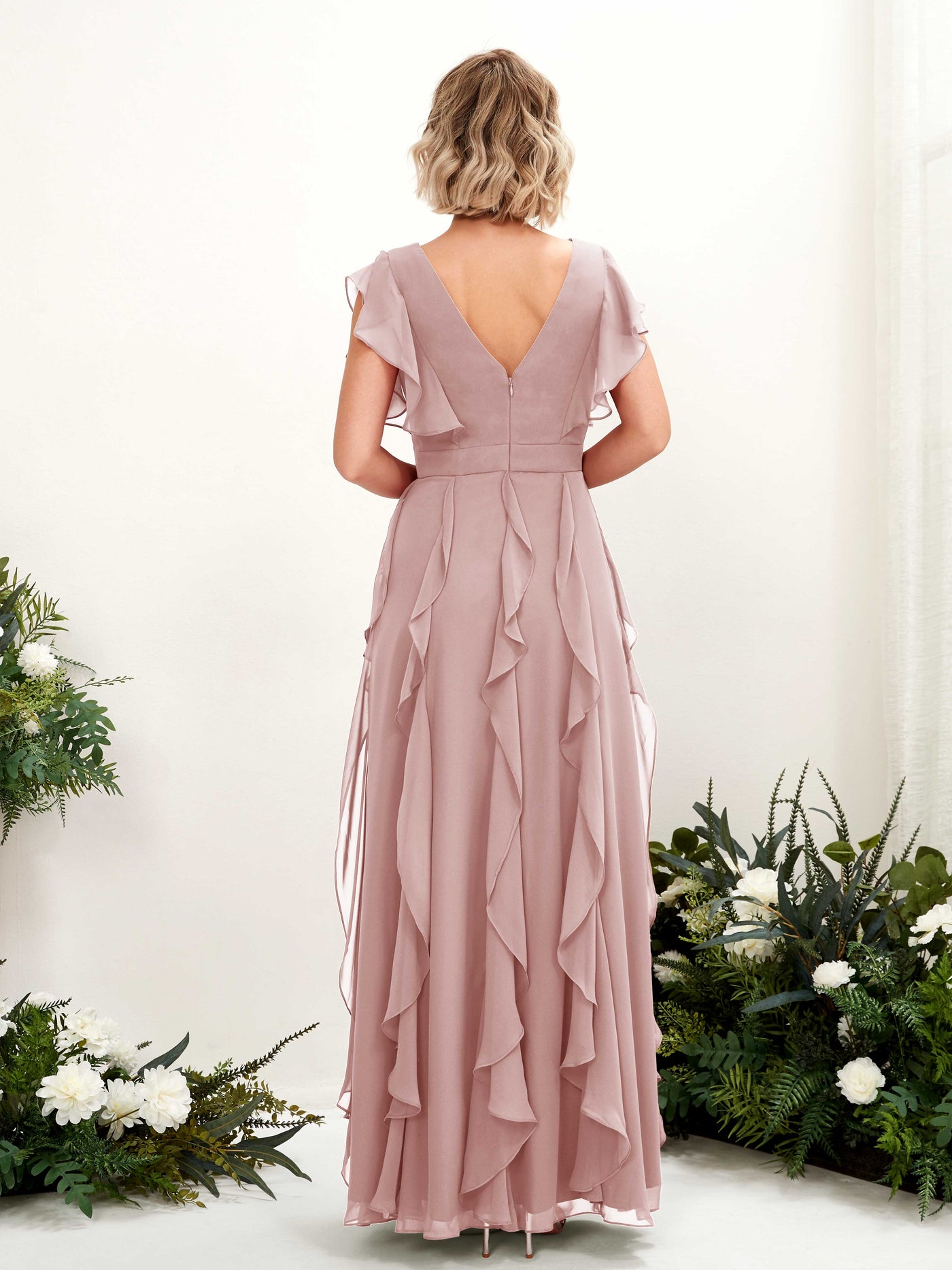 A-line Open back V-neck Short Sleeves Chiffon Bridesmaid Dress - Dusty Rose (81226009)#color_dusty-rose