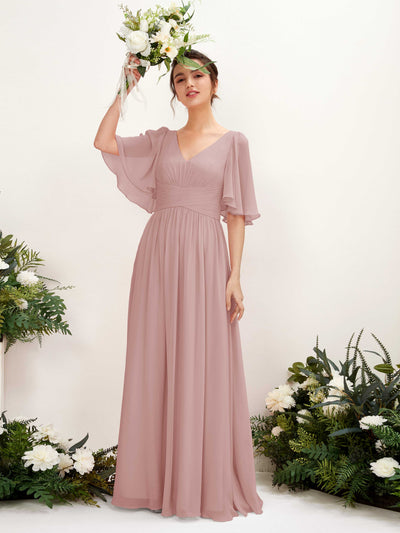 Dusty Rose Bridesmaid Dresses Bridesmaid Dress A-line Chiffon V-neck Full Length 1/2 Sleeves Wedding Party Dress (81221609)#color_dusty-rose