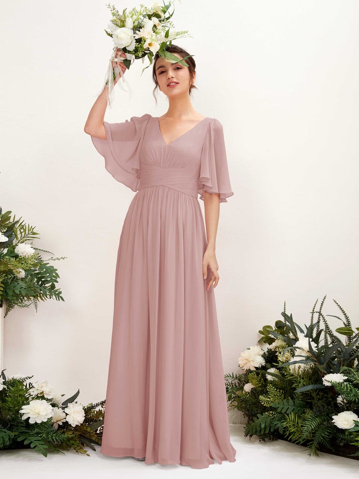 Dusty Rose Bridesmaid Dresses Bridesmaid Dress A-line Chiffon V-neck Full Length 1/2 Sleeves Wedding Party Dress (81221609)