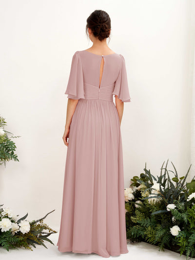 Carlyna Odette A-Line Dusty Rose Bridesmaid Dress Maxi Short Sleeve V-Neck Dress Back View #color_dusty-rose