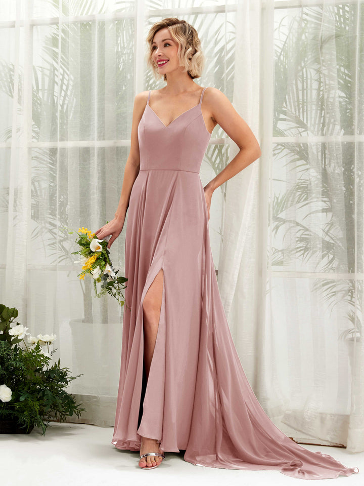 Dusty Rose Bridesmaid Dresses Bridesmaid Dress A-line Chiffon V-neck Full Length Sleeveless Wedding Party Dress (81224109)