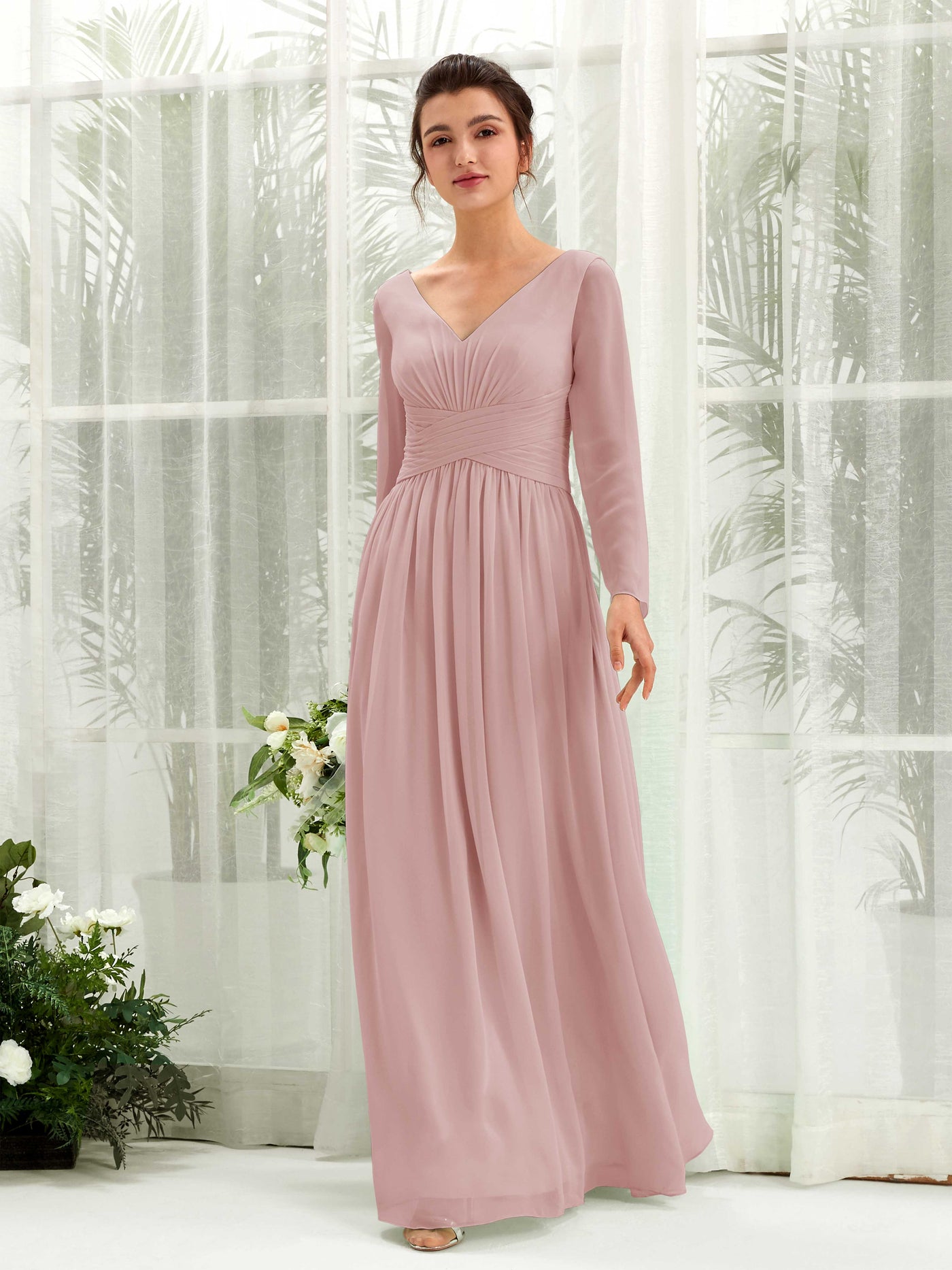 Dusty Rose Bridesmaid Dresses Bridesmaid Dress A-line Chiffon V-neck Full Length Long Sleeves Wedding Party Dress (81220309)#color_dusty-rose