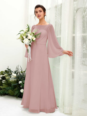 Dusty Rose Bridesmaid Dresses Bridesmaid Dress A-line Chiffon Bateau Full Length Long Sleeves Wedding Party Dress (81220509)#color_dusty-rose