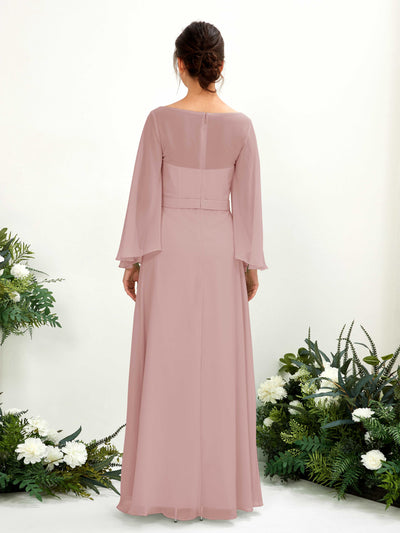 Carlyna Elie A-Line Dusty Rose Bridesmaid Dress Maxi Long Sleeve Boat Neck Back View #color_dusty-rose