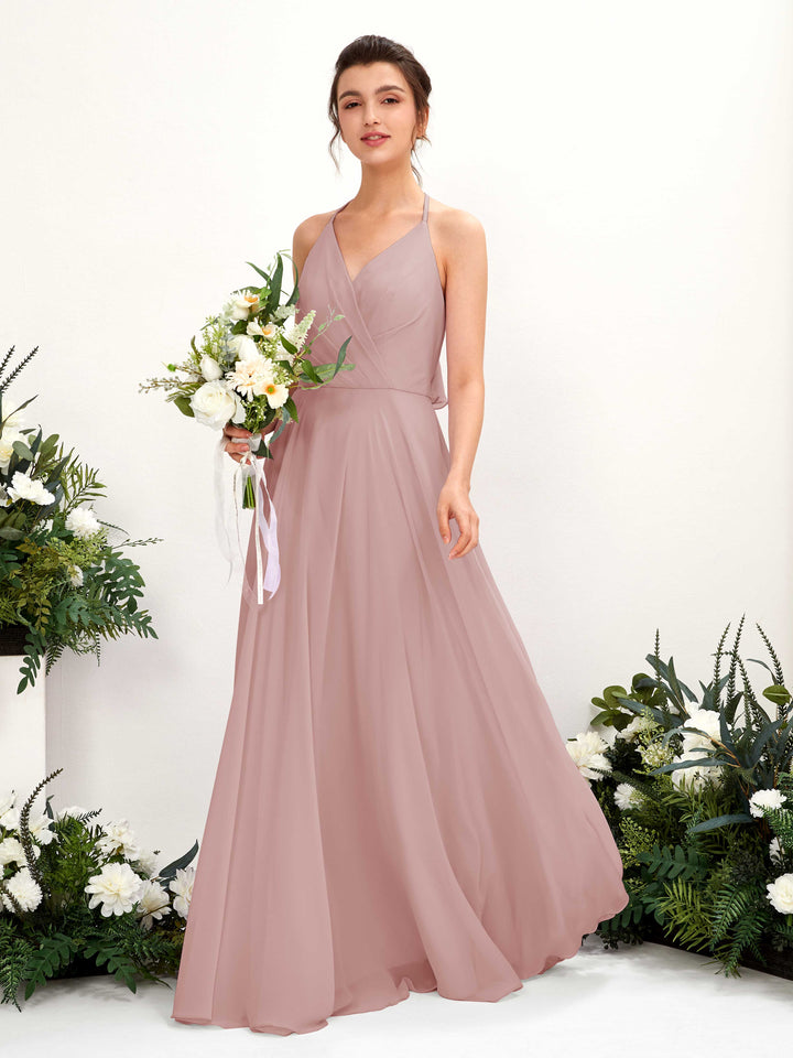 Halter V-neck Sleeveless Chiffon Bridesmaid Dress - Dusty Rose (81221009)